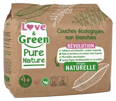 Love & Green Ökologische Windeln Pure Nature 35 Windeln Größe 4+ Maxi (9 bis 20 kg)