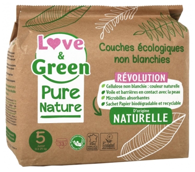 Love & Green Ecological Diaper Pure Nature 33 Diapers Size 5 Junior (11 to 25kg)