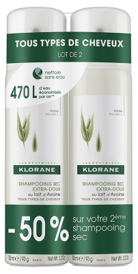 Klorane Shampoing Sec Extra-Doux au Lait d'Avoine Spray Lot de 2 x 150 ml