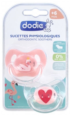 Dodie 2 Sucettes Physiologiques Silicone 6 Mois et + N°P67 - Modèle : Flamant/Cœur