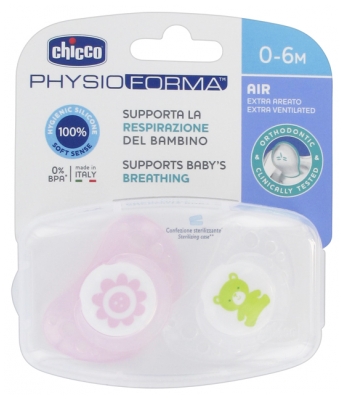 Chicco Physio Forma Air 2 Silicone Soothers 0-6 Months - Model: Pink Flower and Green Bear