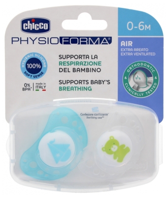 Chicco Physio Forma Air 2 Silicone Soothers 0-6 Months - Model: Turquoise Boat and Green Bear