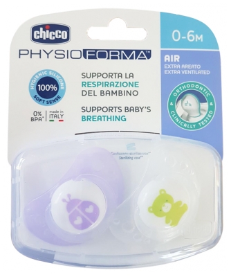 Chicco Physio Forma Air 2 Silicone Soothers 0-6 Months - Model: Purple Ladybug and Green Bear