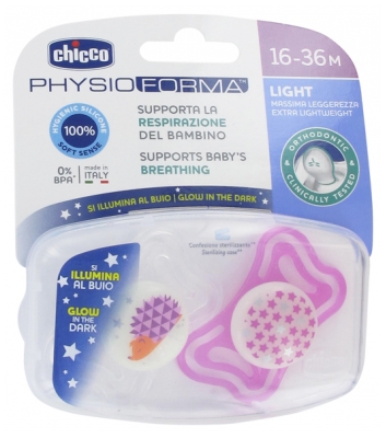 Chicco Physio Forma Light 2 Phosphorescent Silicone Soothers 16-36 Months - Colour: Pink Hedgehog and Stars