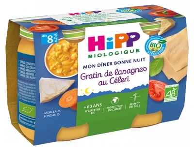 HiPP Mon Dîner Bonne Nuit Gratin de Lasagnes au Céleri dès 8 Mois Bio 2 Pots