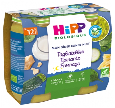HiPP Mi Cena de Buenas Noches Tallarines Espinacas Queso a partir de 12 Meses Bio 2 Tarros