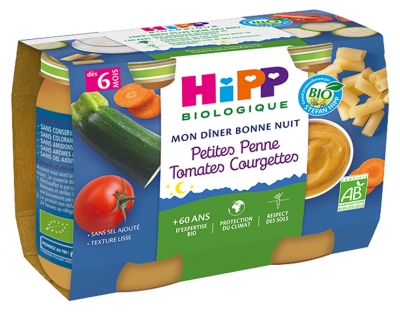 HiPP Mon Dîner Bonne Nuit Petites Penne Tomates Courgettes dès 6 Mois Bio 2 Pots