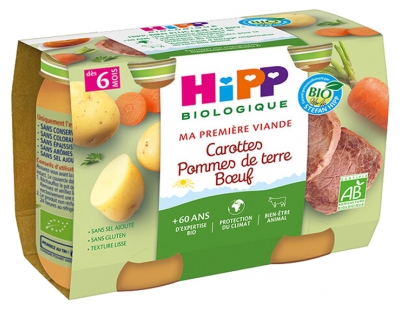 HiPP Ma Première Viande Carottes Pommes de Terre Boeuf dès 6 Mois Bio 2 Pots
