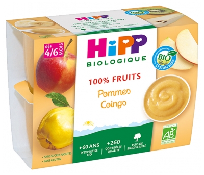 HiPP 100% Fruits Pommes Coings dès 4/6 Mois Bio 4 Pots