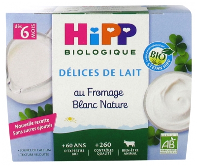 HiPP Délices de Lait au Fromage Blanc Nature Sucré dès 6 Mois Bio 4 Pots