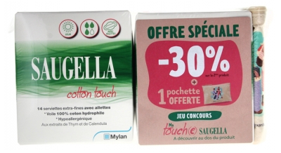 Saugella Cotton Touch Jour Lot de 2 x 14 Serviettes Extra-Fines avec Ailettes + 1 Pochette Offerte