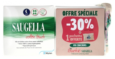 Saugella Cotton Touch Nuit Lot de 2 x 12 Serviettes Extra-Fines avec Ailettes + 1 Pochette Offerte