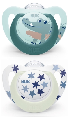 NUK Starlight Day & Night 2 Sucettes Silicone 6-18 Mois - Modèle : Crocodile/Nuit