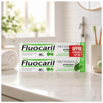 Fluocaril Natur'Essence Išsami Apsauga Su Dviem Fluoridais Dantų Pasta 2 x 75 ml pakuotėje