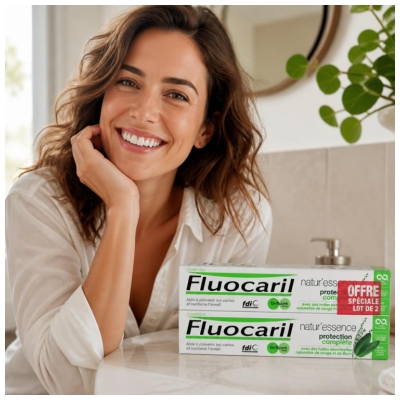 Fluocaril Natur'Essence Išsami Apsauga Su Dviem Fluoridais Dantų Pasta 2 x 75 ml pakuotėje