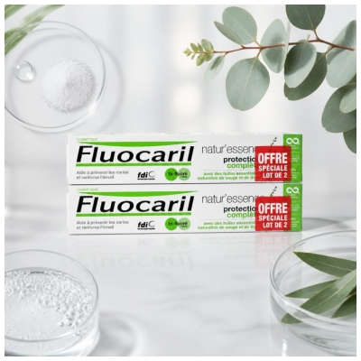 Fluocaril Natur'Essence Išsami Apsauga Su Dviem Fluoridais Dantų Pasta 2 x 75 ml pakuotėje