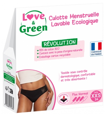 Love & Green Črno Pralno Menstrualno Spodnje Perilo Normalna Pretočnost - Velikost: XXS - 34