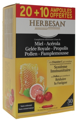 Herbesan Miel Gelée Royale Acérola Pollen Pamplemousse Propolis 20 Ampoules + 10 Offertes