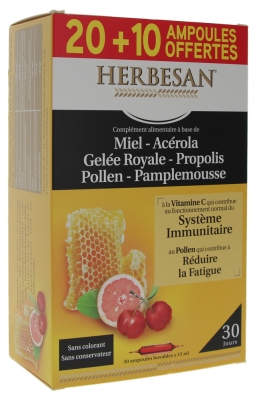 Herbesan Miele Pappa Reale Acerola Polline Pompelmo Propoli 20 Fiale + 10 Gratis