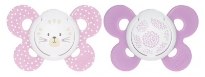 Chicco Physio Comfort 2 Sucettes Silicone 6-16 Mois - Modèle : Chaton Rose et Coeurs Mauves