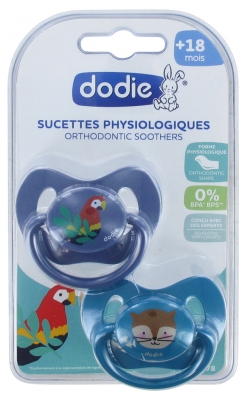 Dodie 2 Sucettes Physiologiques Silicone 18 Mois et + - Modèle : P78 : Perroquet et Renard