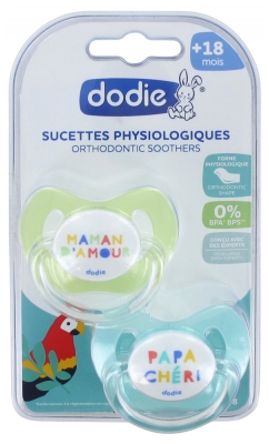 Dodie 2 Sucettes Physiologiques Silicone 18 Mois et + - Modèle : P78 : Maman d'Amour et Papa Chéri