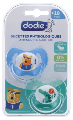 Dodie 2 Sucettes Physiologiques Silicone 18 Mois et + - Modèle : P50 : Ours et Crocodile