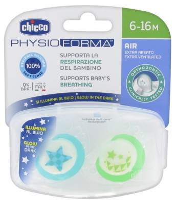 Chicco Physio Forma Air 2 Phosphorescent Silicone Soothers 6-16 Months - Model: Blue Star and Green Moon