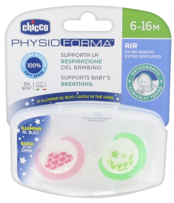 Chicco Physio Forma Air 2 Phosphorescent Silicone Soothers 6-16 Months - Model: Pink Cloud and Green Moon