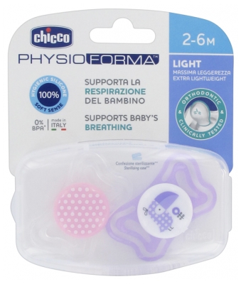Chicco Physio Forma Light 2 Silicone Soothers 2-6 Months - Model: Pink Dotted Line and Purple Parrot