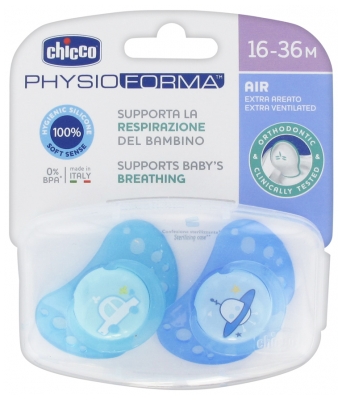 Chicco Physio Forma Air 2 Sucettes Silicone 16-36 Mois - Modèle : Voiture Turquoise et Soucoupe Bleue