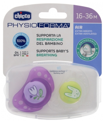 Chicco Physio Forma Air 2 Silicone Soothers 16-36 Months - Model: Purple Flower and Green Rabbit