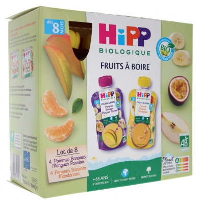 HiPP Fruits à Boire dès 8 Mois Bio 8 Gourdes de 90 ml
