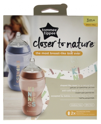 Tommee Tippee Closer to Nature 2 Baby Bottles 340ml 3 Months and + - Colour: Pink