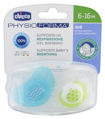 Chicco Physio Forma Air 2 Sucettes Silicone 6-16 Mois - Modèle : Poisson Turquoise et Pomme Jaune