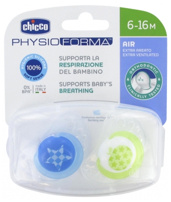 Chicco Physio Forma Air 2 Silicone Soothers 6-16 Months - Model: Blue Star and Yellow Apple