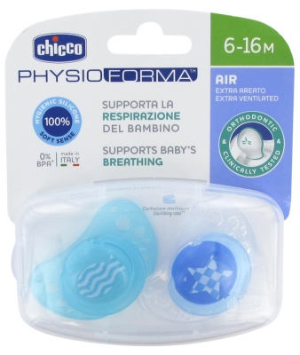 Chicco Physio Forma Air 2 Sucettes Silicone 6-16 Mois - Modèle : Poisson Turquoise et Étoile Bleue