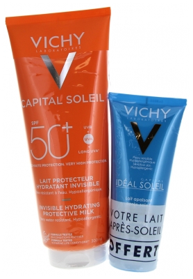 Vichy Capital Soleil Invisible Nawilżające Mleczko Ochronne SPF50+ 300 ml + Łagodzące Mleczko po Opalaniu 100 ml Gratis