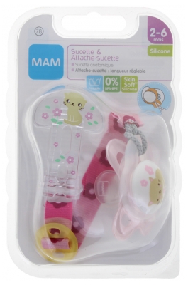 MAM Anatomical Silicone Dummy 2-6 Months and Pacifier Clip - Model: Cat