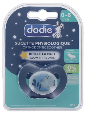 Dodie Sucette Physiologique Nuit Silicone 0-6 Mois N°P39 - Modèle : Lune Bleu