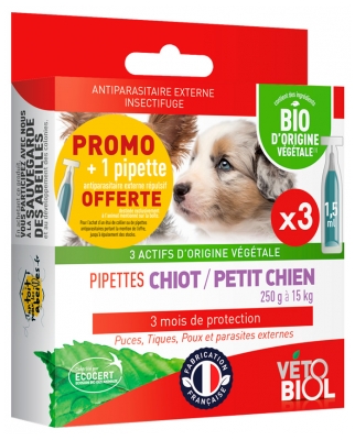 Vétobiol Pipettes Chiot Petit Chien 250 g à 15 kg Bio 3 Pipettes