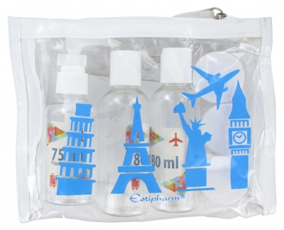 Estipharm Kit di Bottiglie da Viaggio - Colore: Trasparente con disegni blu