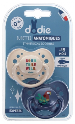 Dodie 2 Sucettes Anatomiques Silicone 18 Mois et + - Modèle : Born To Be Wild + Perroquet