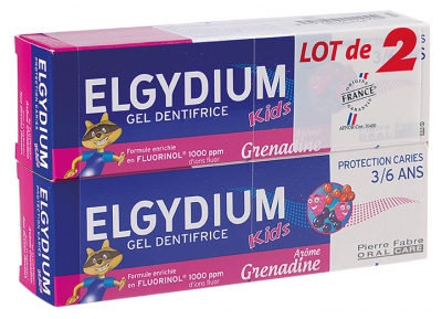 Elgydium Kids Dentifricio Gel Protezione Carie 3/6 Anni 2 x 50 ml - Aroma: Grenadine