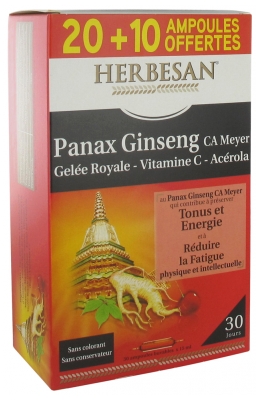 Herbesan Panax Ginseng CA Meyer Royal Jelly Witamina C Acerola 20 Ampułek + 10 Ampułek Gratis