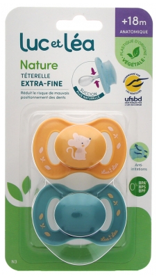 Luc et Léa Nature 2 Anatomical Soothers Extra-Thin Nipple Shields 18+ Months - Model: Young Mouse and Blue