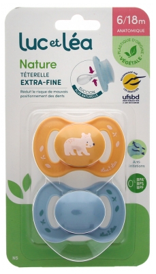 Luc et Léa Nature 2 Anatomical Soothers Extra-Thin Nipples 6-18 Months - Model: Yellow Bear and Blue