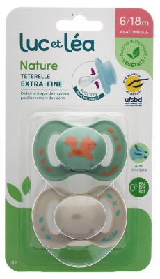 Luc et Léa Nature 2 Anatomical Soothers Extra-Thin Nipples 6-18 Months - Model: Green Squirrel and Taupe