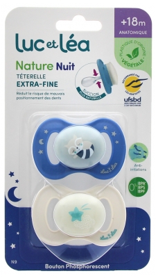 Luc et Léa Nature Nuit 2 Anatomic Soothers Extra-Fine Breast Shields 18 Months +
