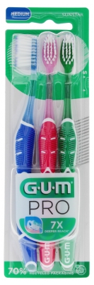 GUM PRO Spazzolino Medio Confezione Trio - Colore: Blu - Rosa - Verde